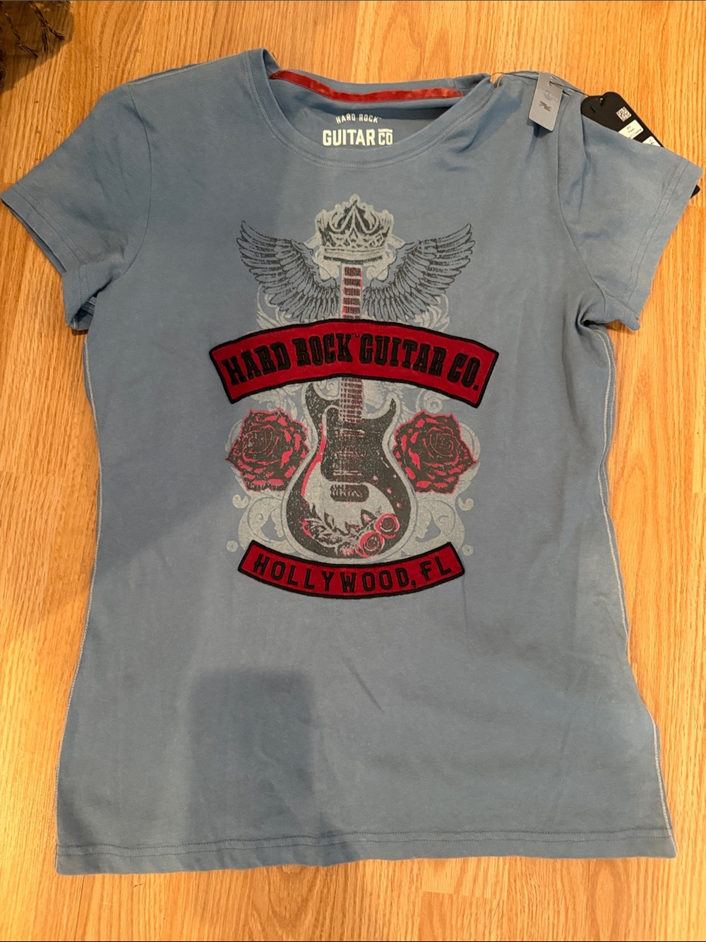 Hard rock guitar Hollywood Blue T-Shirt with Red and Gray Graphic
